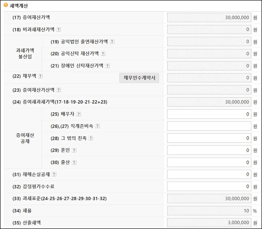 증여세 공제금액을 입력하기 전 화면으로 세액 3백만원이 기입되어 있습니다. 